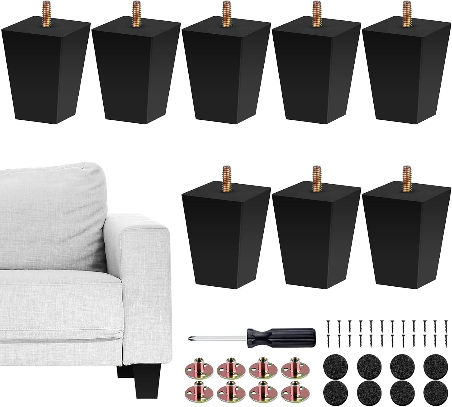Black Square Furniture Legs Set of 4, 3 4 5 6 8 10 12 in Wood Feet Replacement