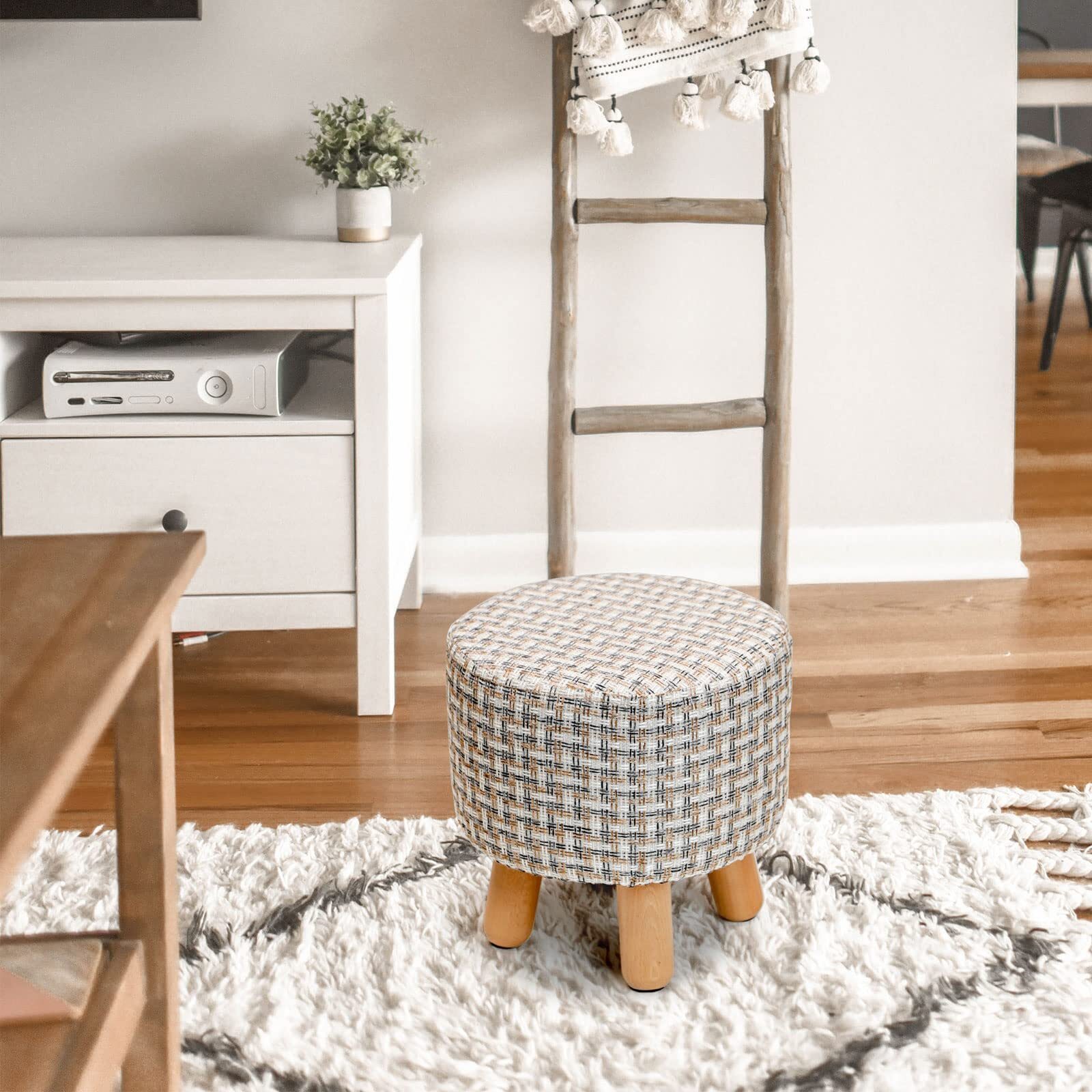 Tricolor Stripe Linen Fabric Round Padded Ottoman Foot Rest Stool with Wood Legs