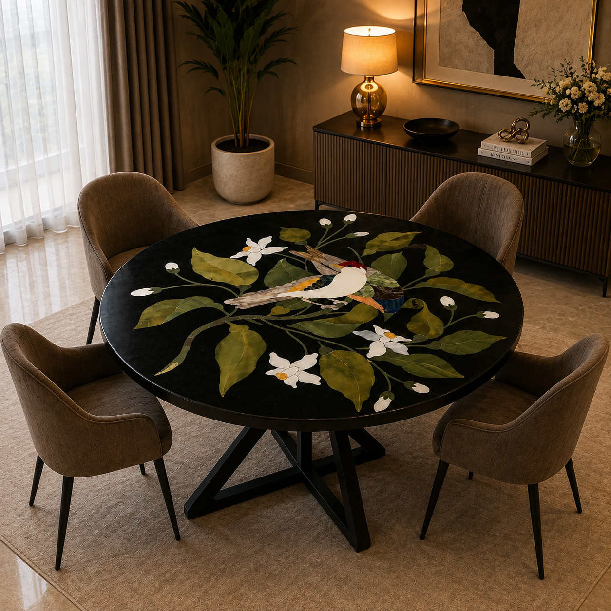 30″ Luxury Black Marble Bird Inlay Round Dining Table Handmade Pietra Dura Art