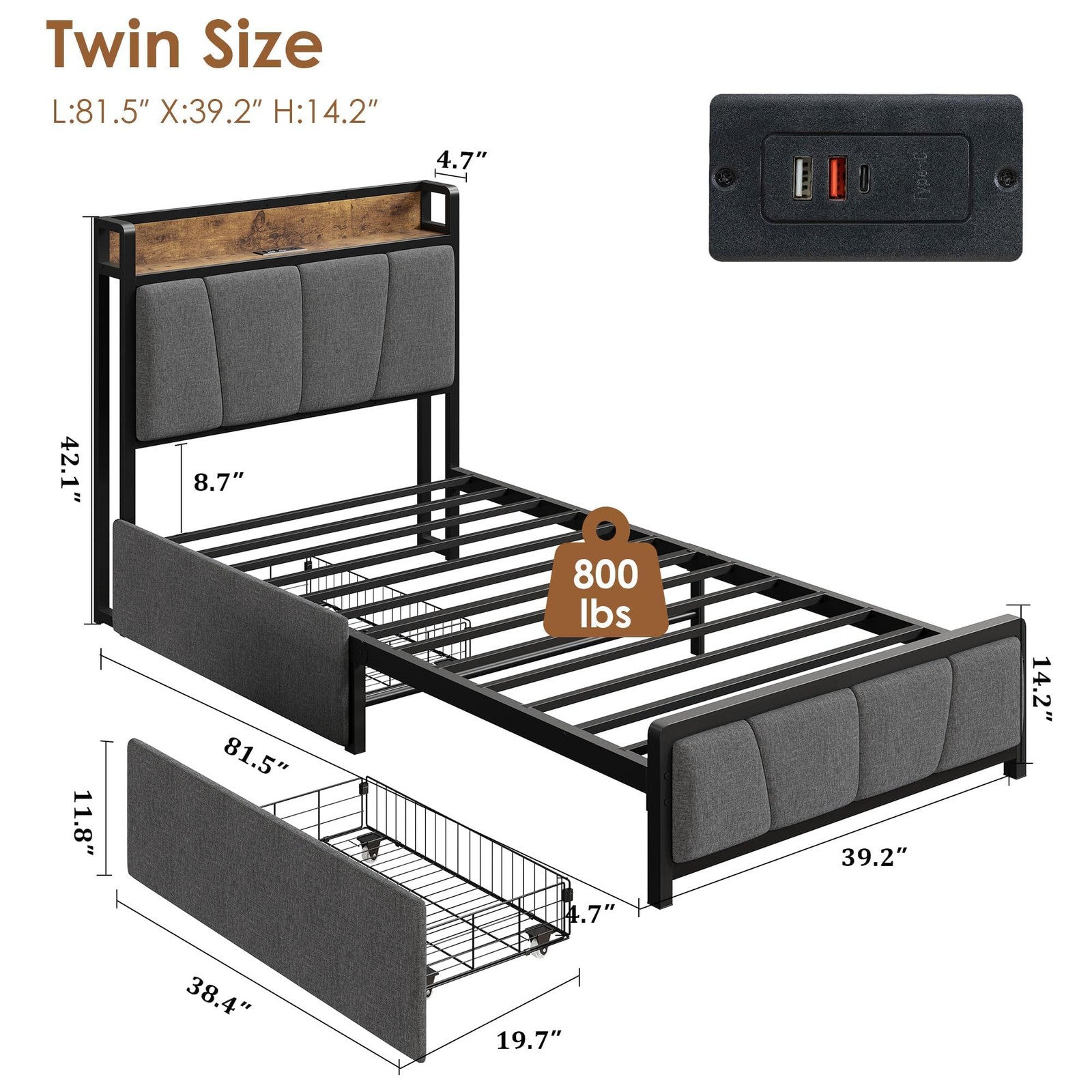 Full Queen King Size Upholstered Bed Frame w/Charging Station 2 Drawer Headboard