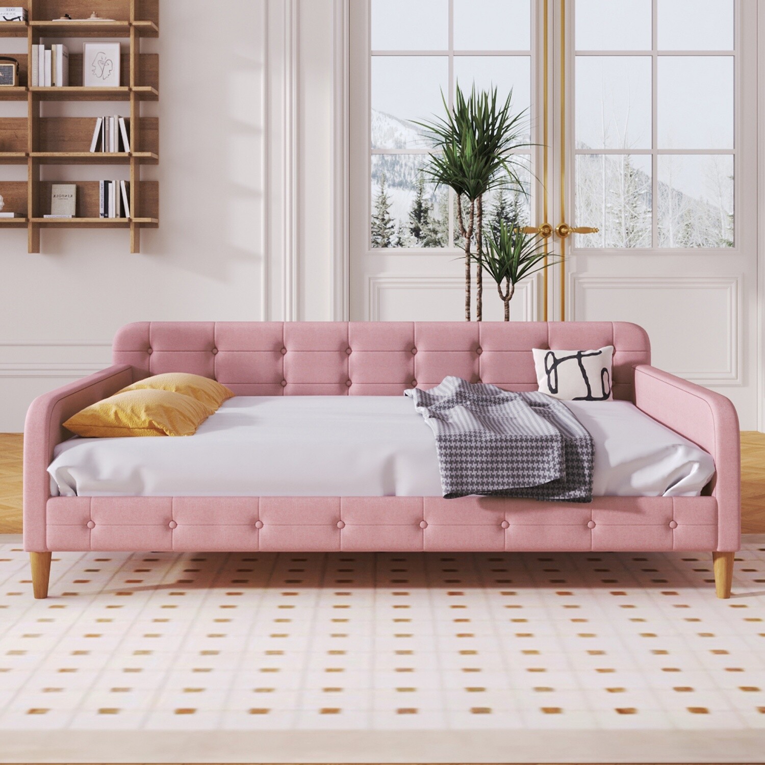 Twin/Full Size Daybed Upholstered Bed Frame Sofa Bed with 4 Legs Beige/Rubine