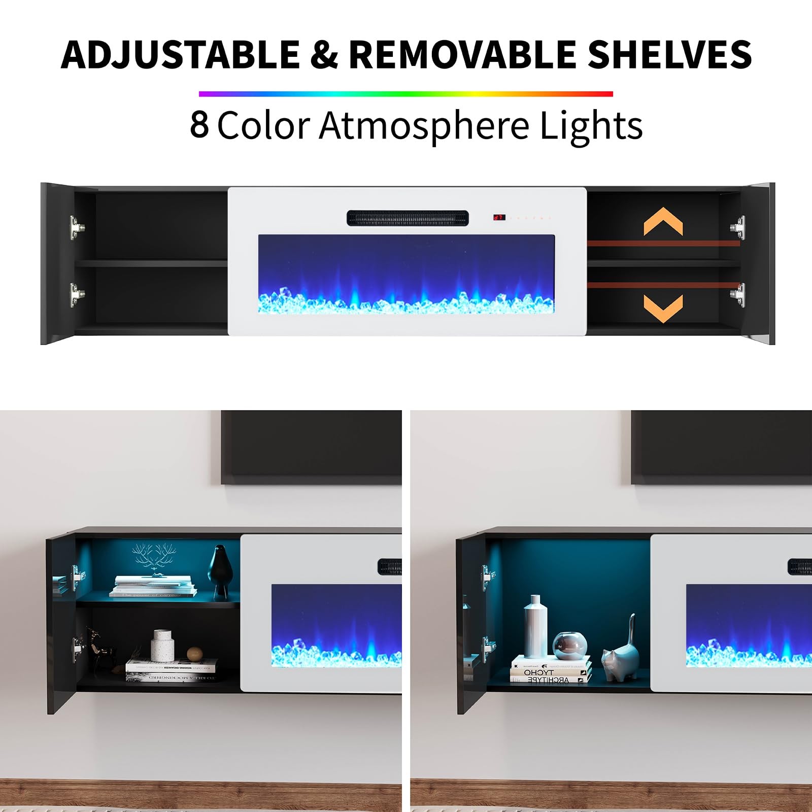 Floating TV Stand 36″ Electric Fireplace High Gloss Storage 78″ TV Black/White