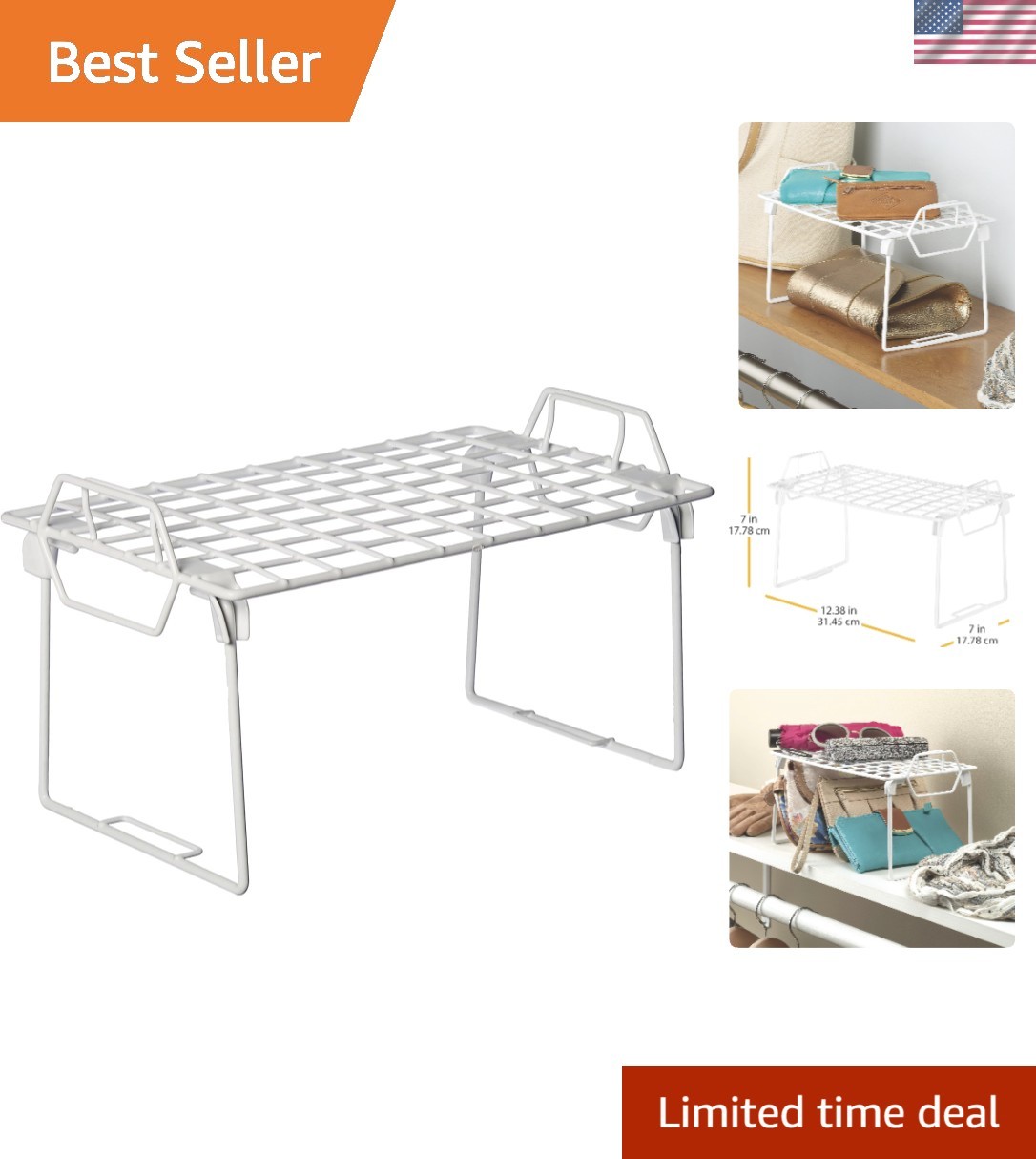 Durable White Metal Wire Grid Stacking Shelf for Organized Spaces – 12.38″ Wide