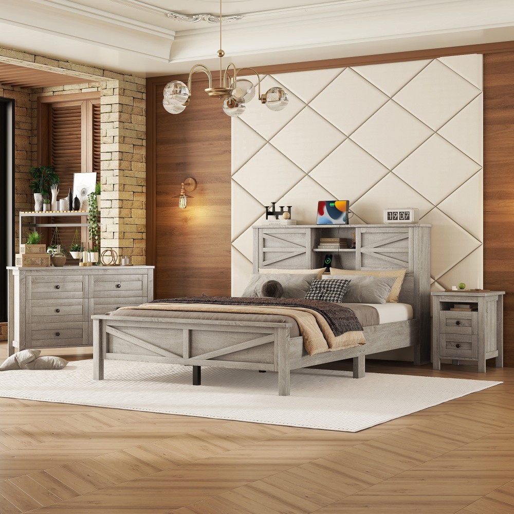 3 Pcs Queen Farmhouse Bed Set w/ Dresser & Nightstand & Charging Station Gray