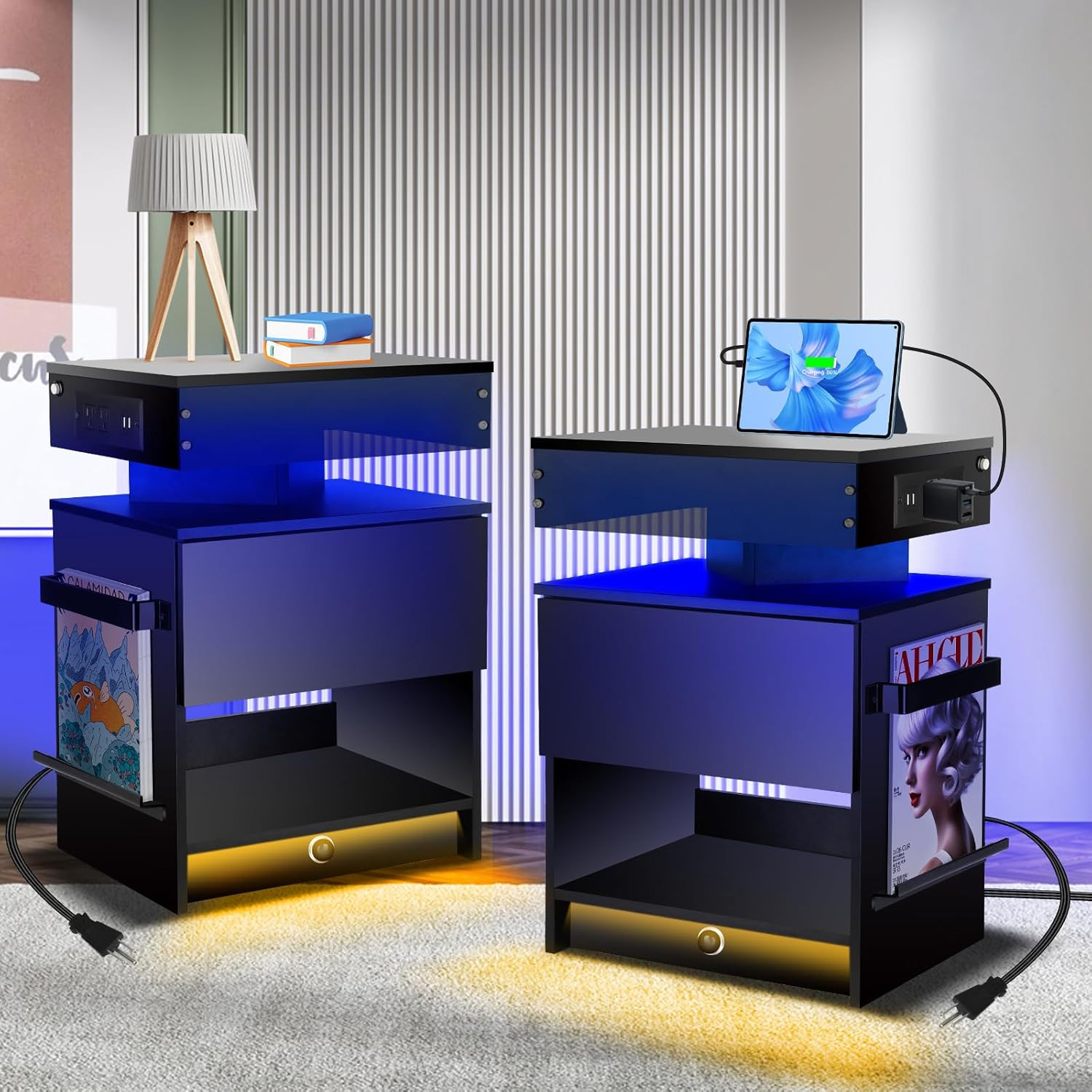 Modern Black Nightstand Set with Charging Station and LED Light, 2-Pack