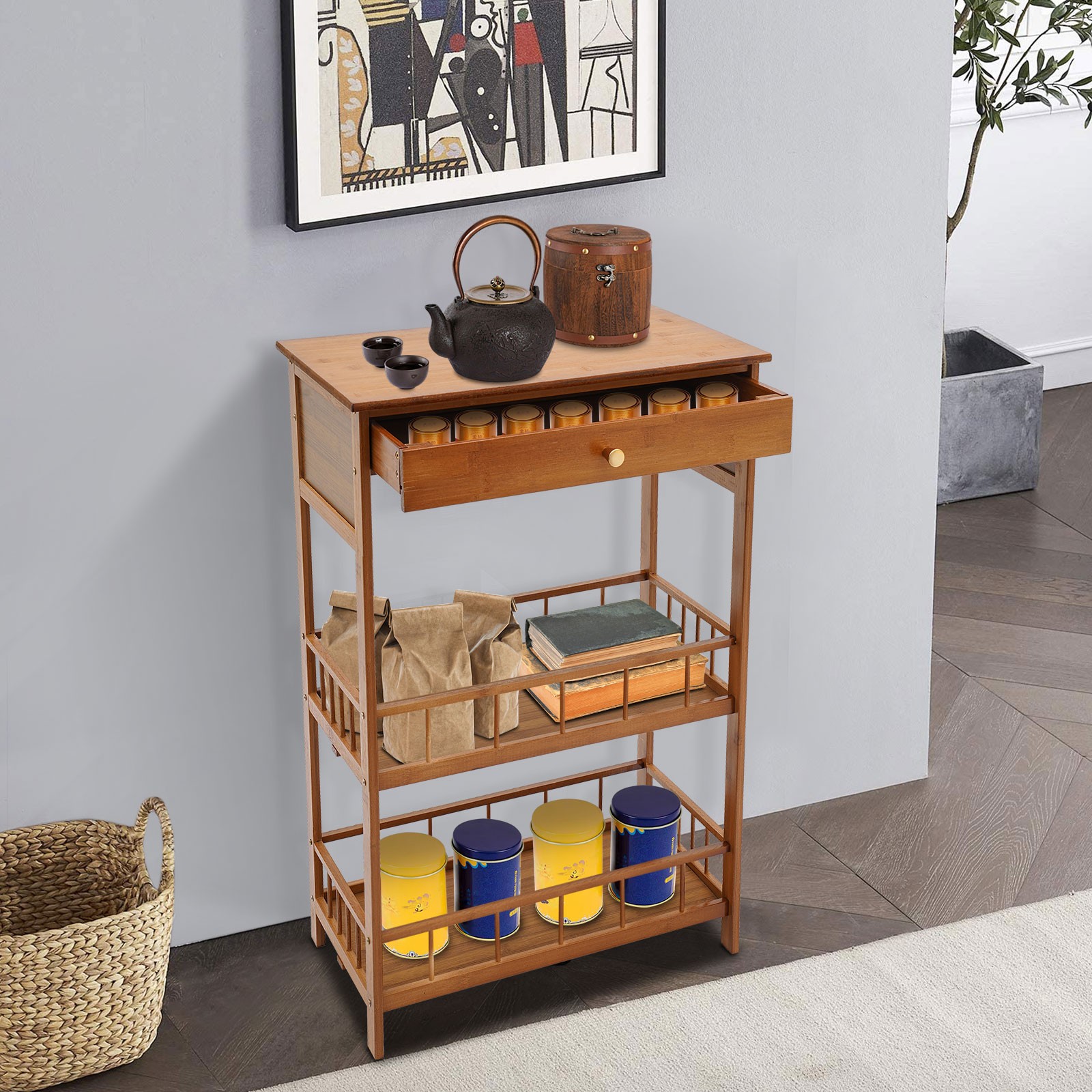 3-tier Retro Side Table, 30 In Floor Standing Bamboo Side Table For Living Room