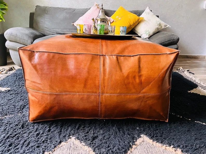 30” Square Moroccan Leather Ottoman | Handmade Boho Footstool Pouf, Genuine Best