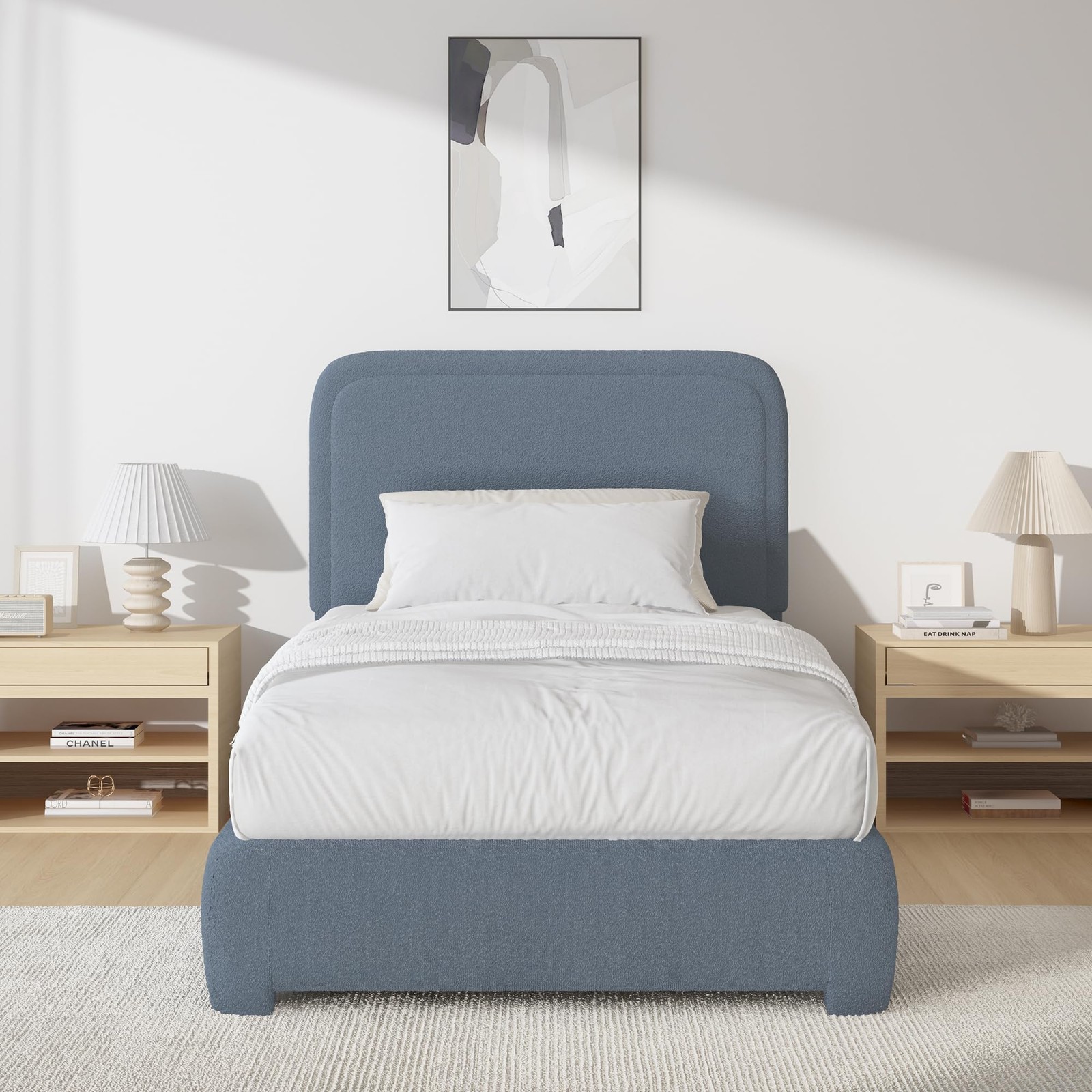 Twin Bed Frames with Headboard,Cloud Boucle Upholstered Platform Bed,e