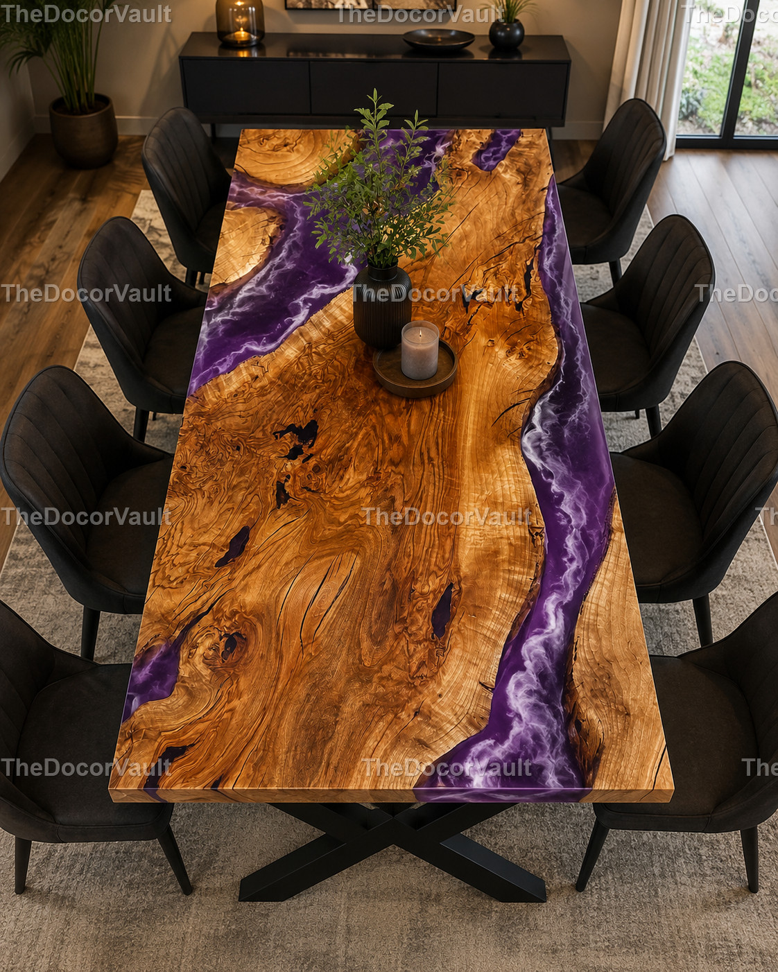 Purple Epoxy River Dining Table Top Live Edge Wood Handmade Furniture ……….