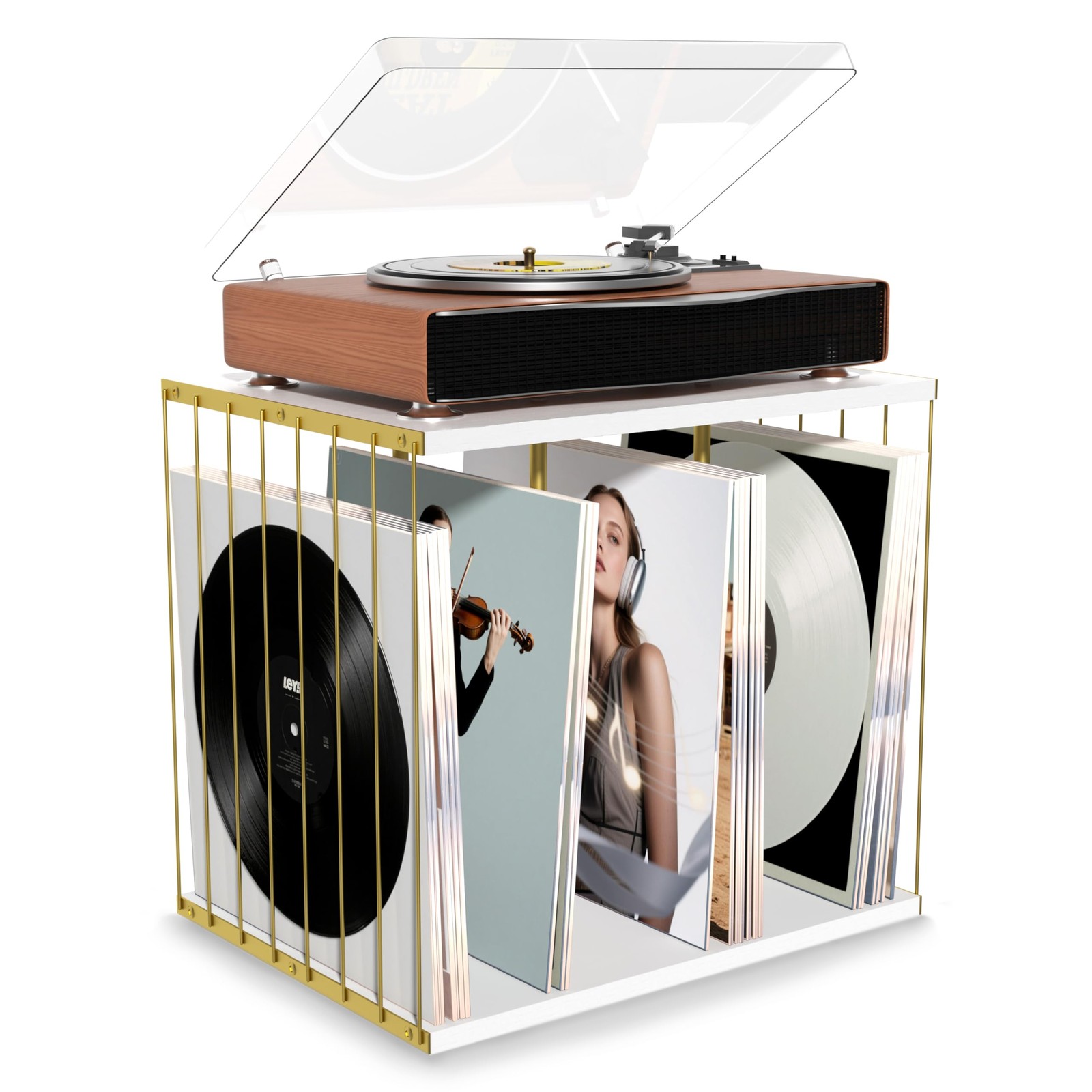 Vinyl Record Storage, Metal & Wooden Vinyl Record Holder Up to 80 Album, 3-Co…