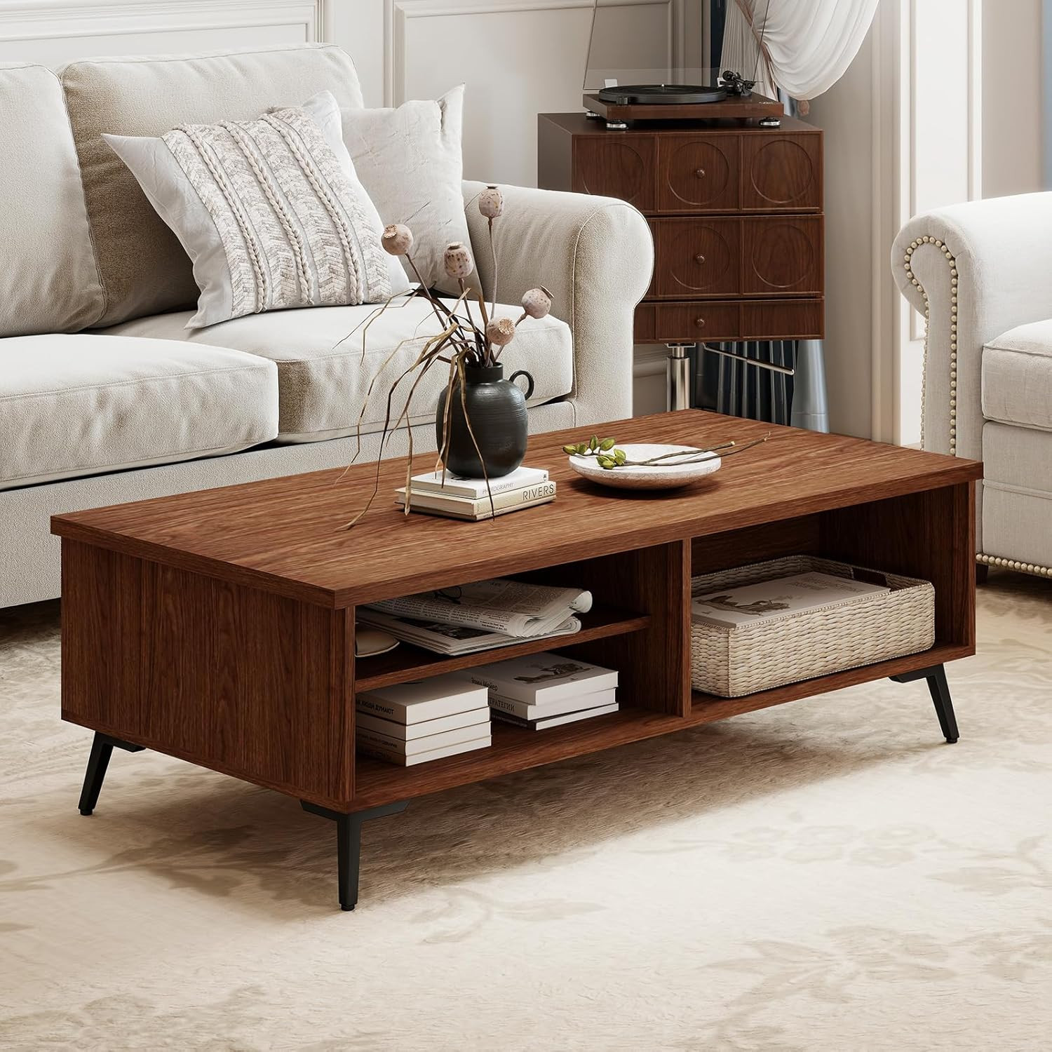 Mid Century Modern Walnut Coffee Table with Storage & Metal Legs