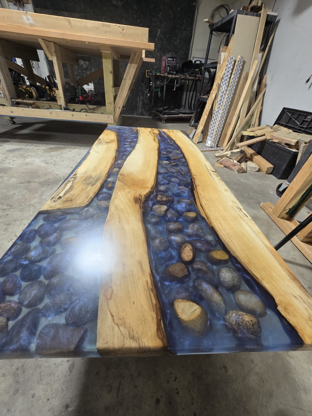 Live Edge Wood & Blue Resin River Coffee Table, Black Metal Legs, Glossy Finish