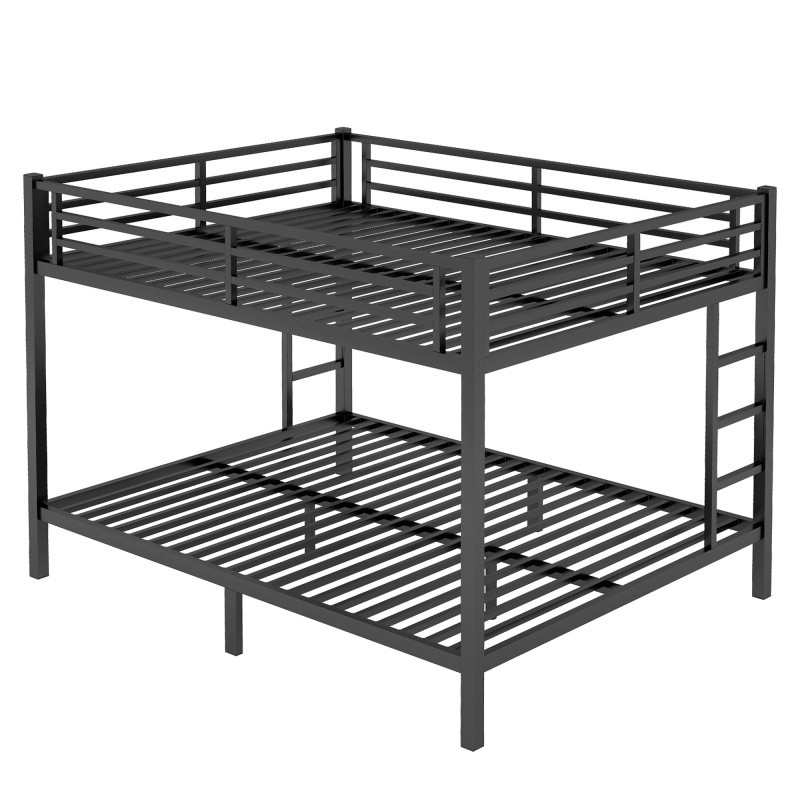 Queen Over Queen Bunk Bed Metal Frame w/ 2 Side Ladder & Under Bed Storage Black