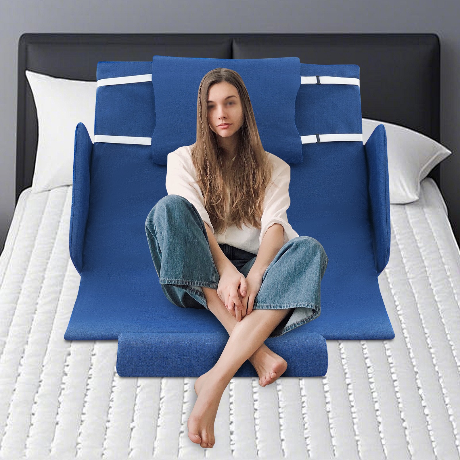 Electric Adjustable Bed Backrest Lift 80° Elderly Support w/ Handrails Blue