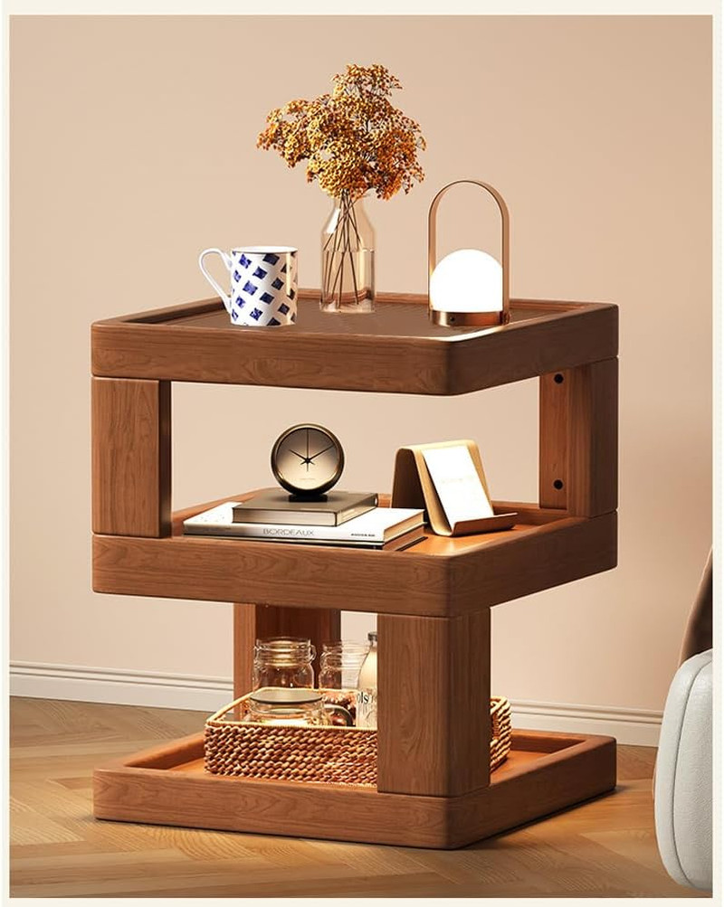 Walnut 3-Tier Solid Wood Nightstand, Modern Open Bedside Side Table 13.7″