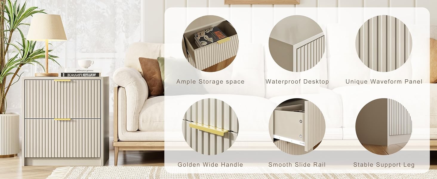 Fluted Nightstands Set of 2 with 2 Drawers, 19.6″ Modern Storage Bedside Table