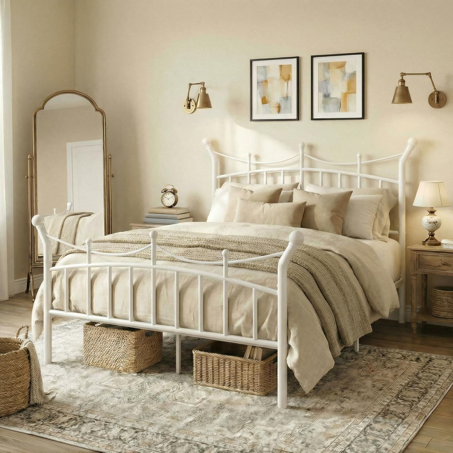 Queen Size Metal Platform Bed Frame with Victorian Headboard, White, Easy Assemb