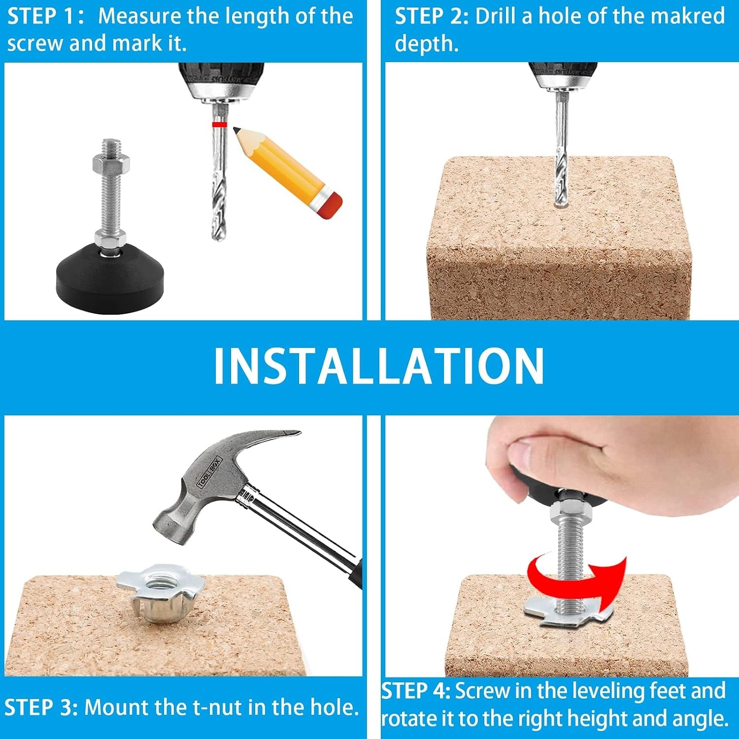 4 Pcs Adjustable M8 Leveling Feet, Anti-Skid Rubber for Stable Furniture Support