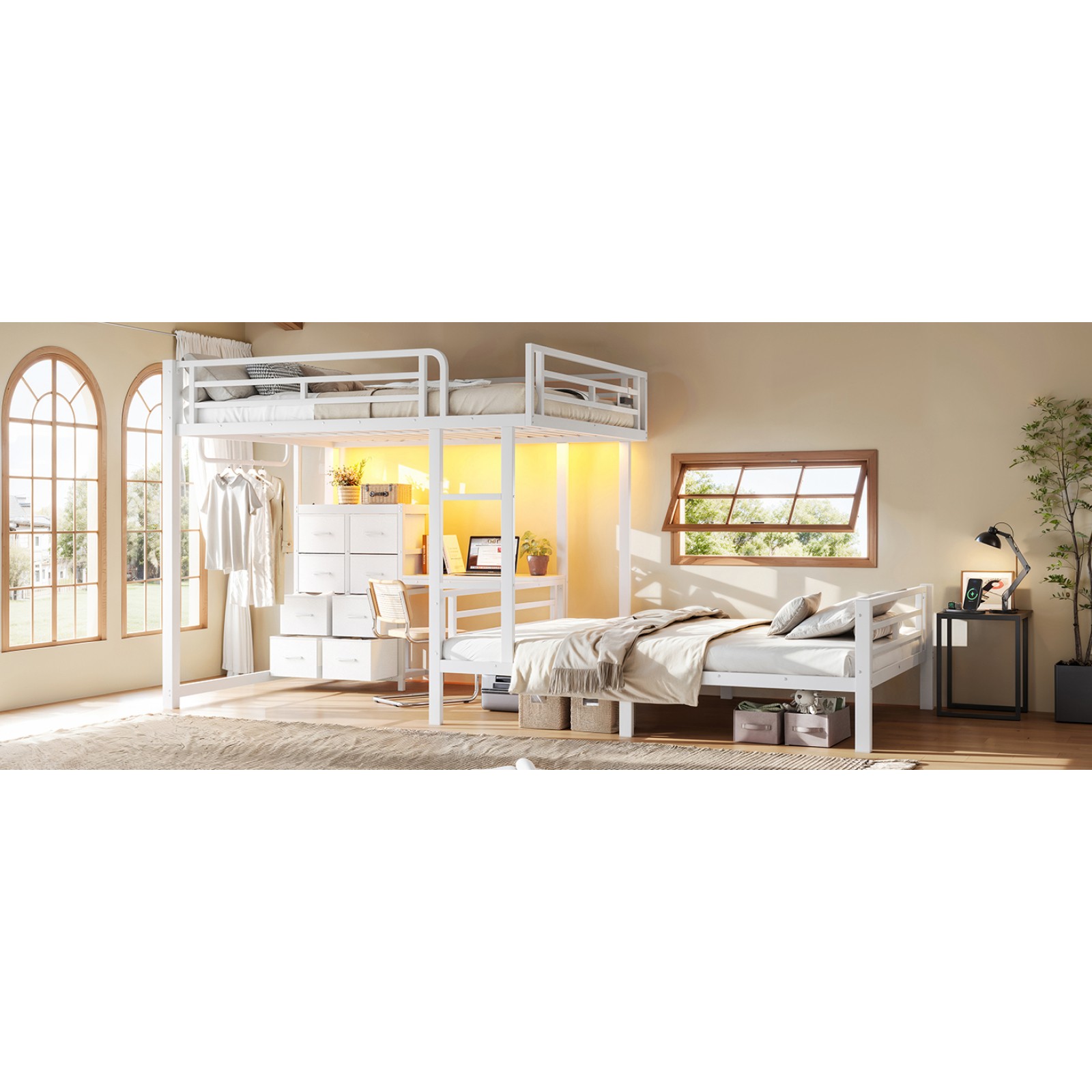 Full Over Full Bunk Bed with 8 Storage Drawers, Shelves, Desk & Rod