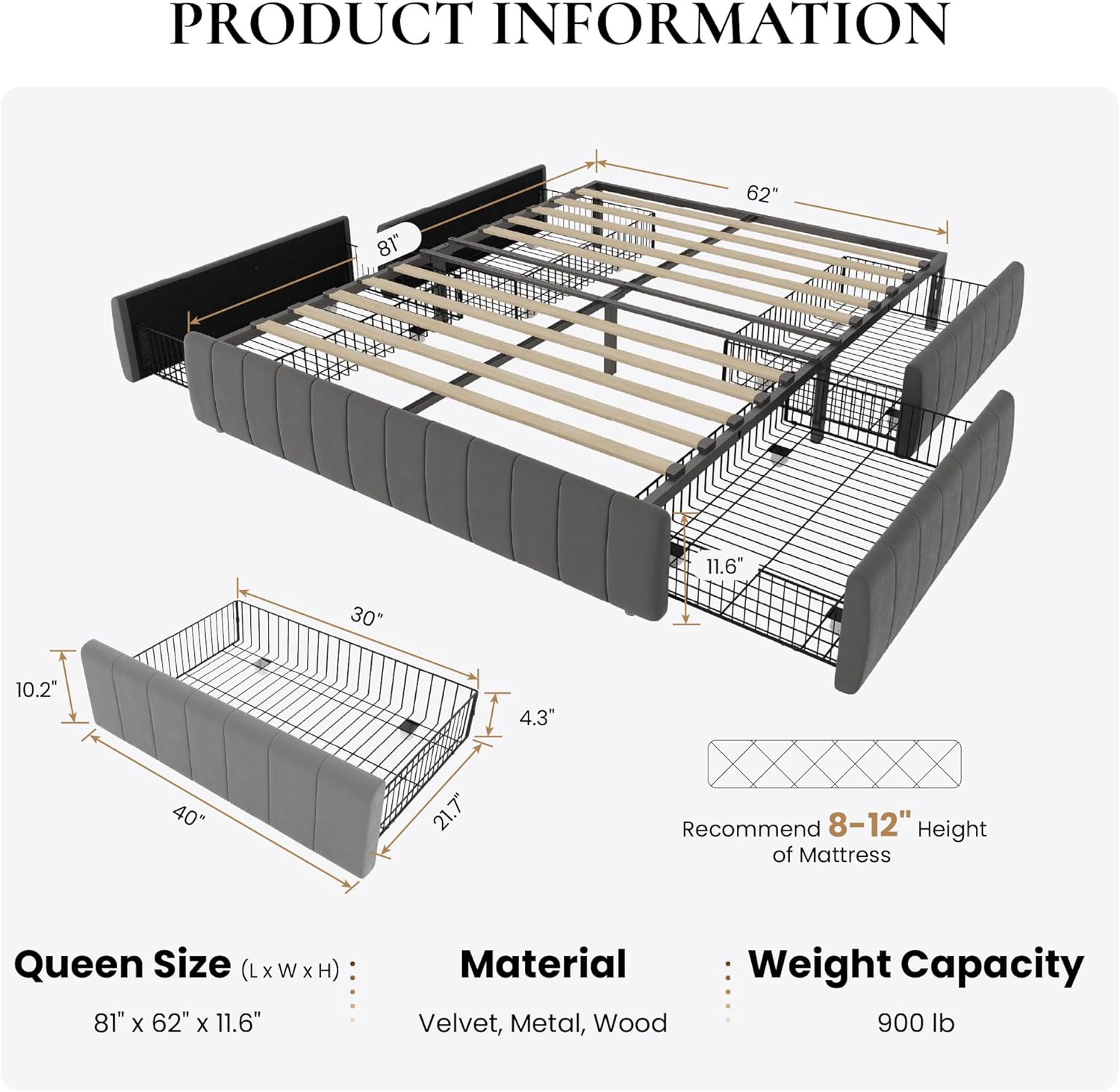 Queen Velvet Platform Bed Frame with 4 Storage Drawers – Grey