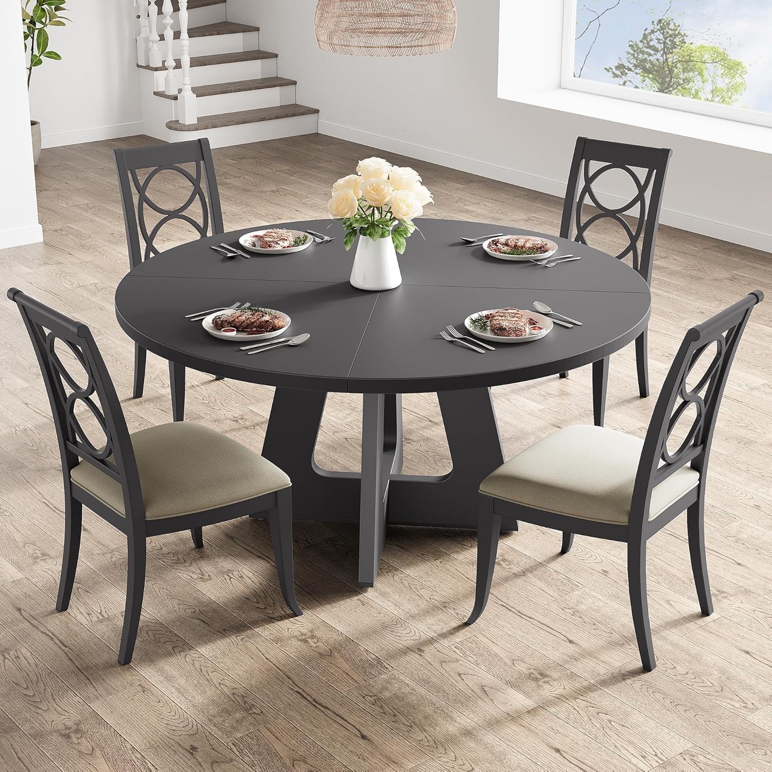 Round Wooden Kitchen Dining Table 47 Inches Large for 4 to 6 People No Chairs