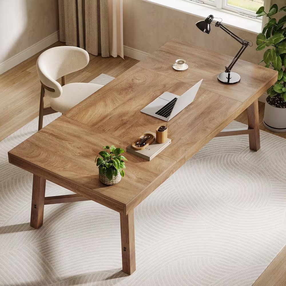 71 In. Rectangular Oak Color Engineered Wood Computer Desk, Large Office Desk St