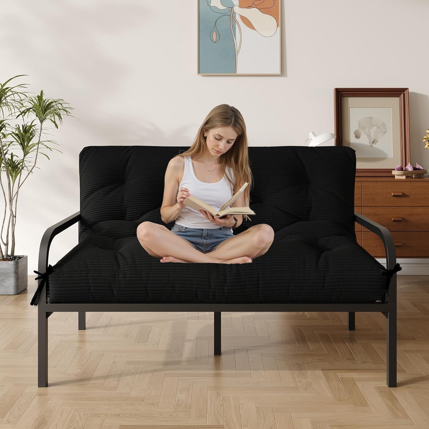 6″ Futon Mattress Full Size, Futons Sofa Couch Bed with Straps, Corduroy Fabric