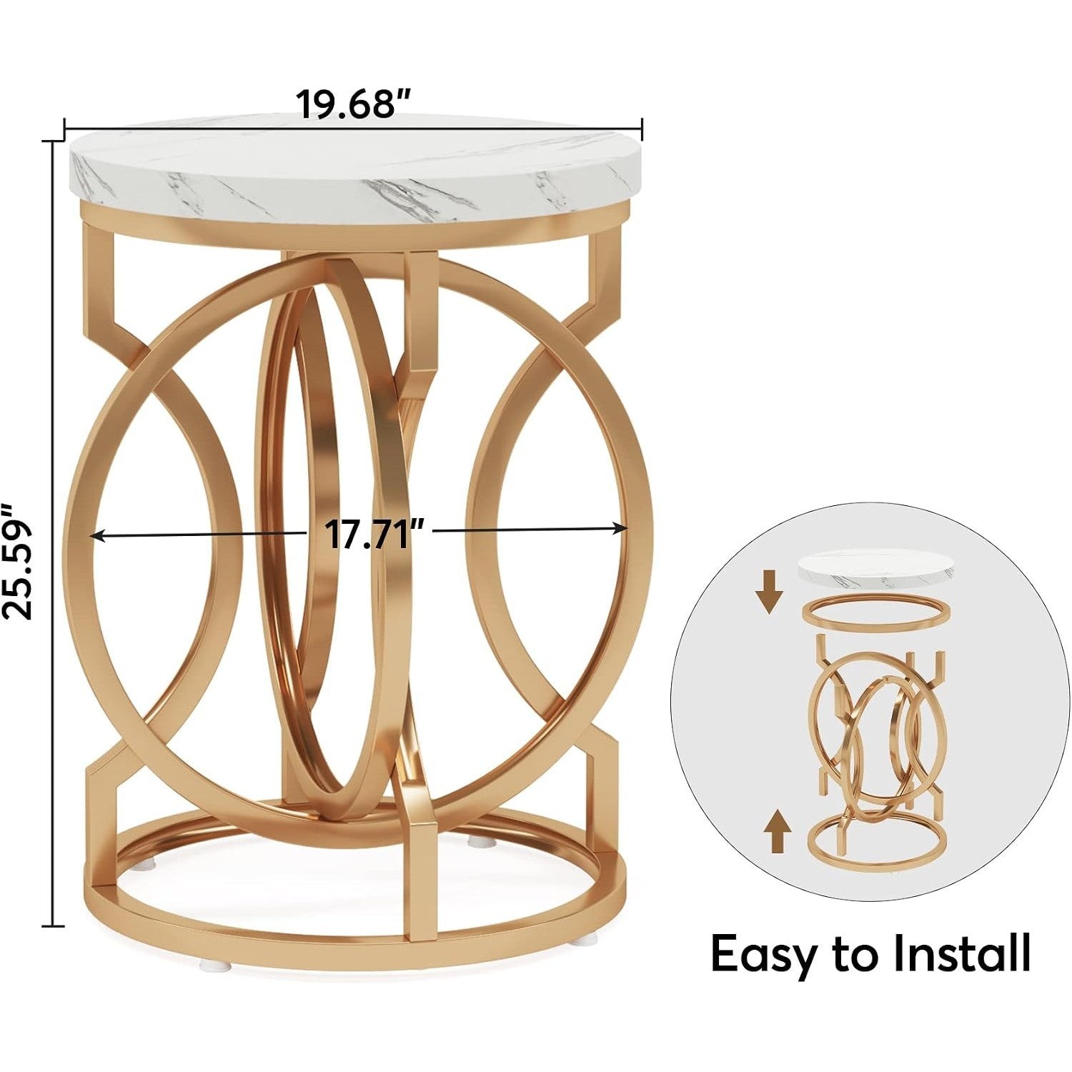 Round End Table, Modern Bedside Table with Faux Marble Top