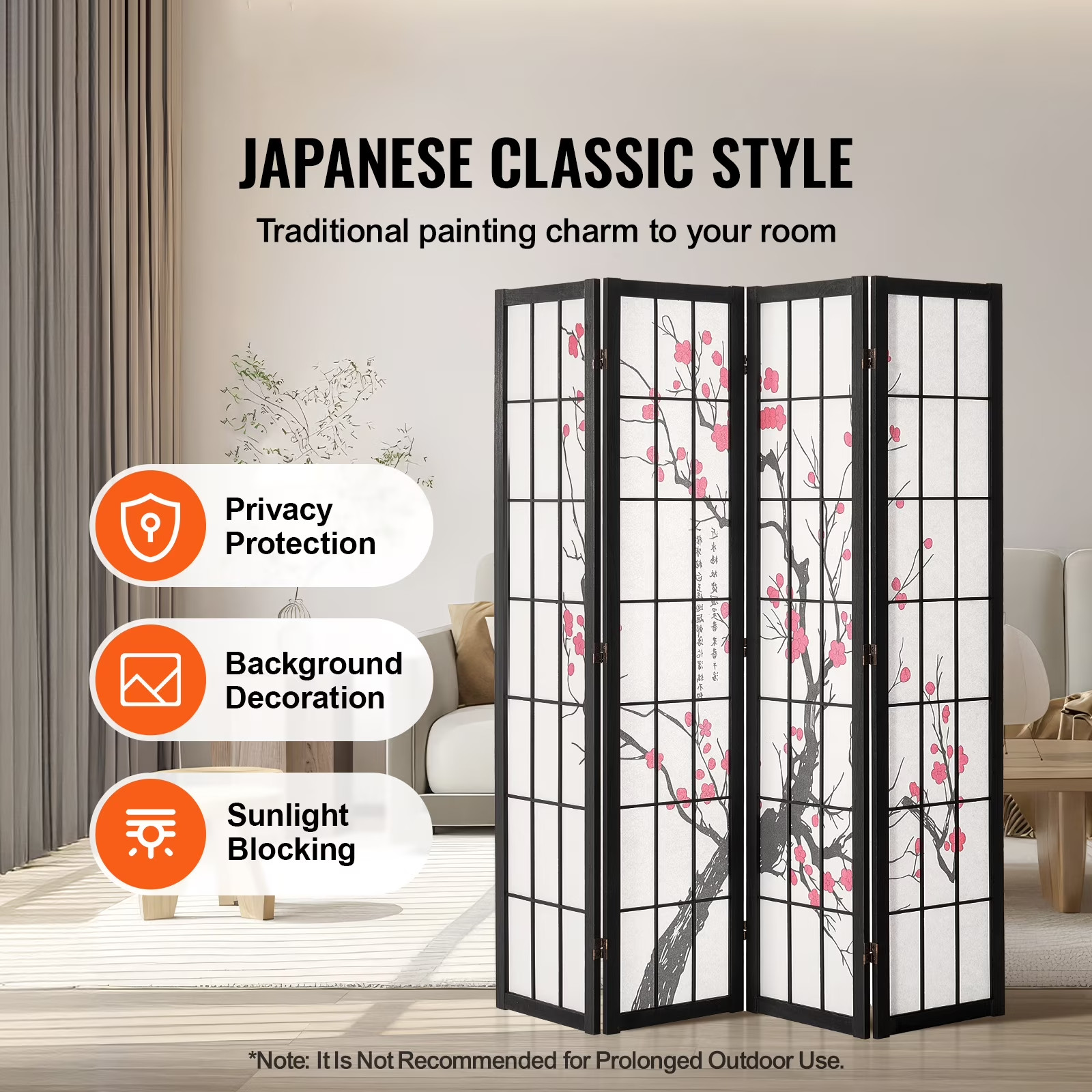 4-Panel Japanese Room Divider Screen, Wooden Folding Privacy Screen for Indoor U