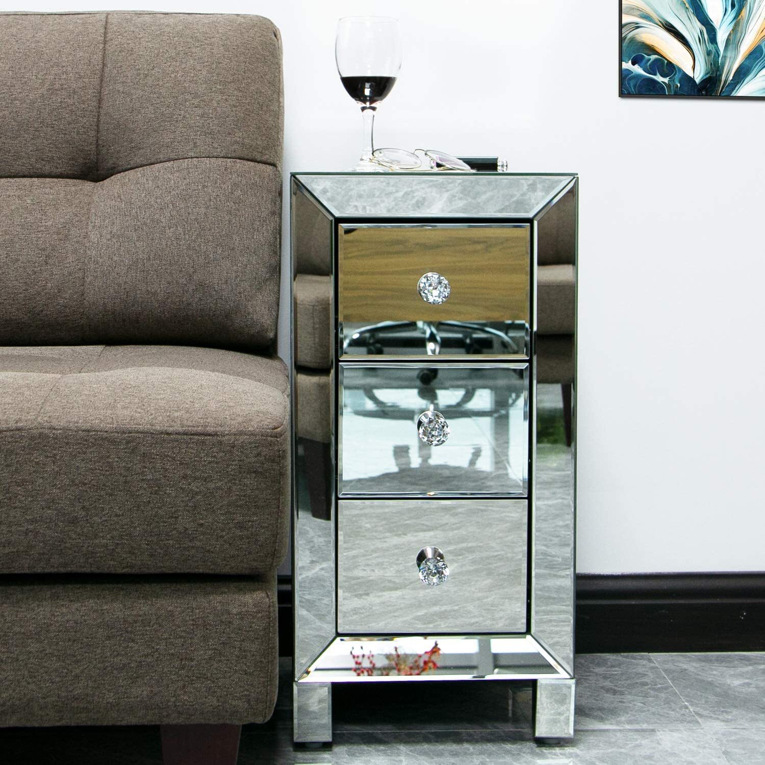 Mirrored Nightstand with 3 Drawer Modern Silver Finished End Bedside Table