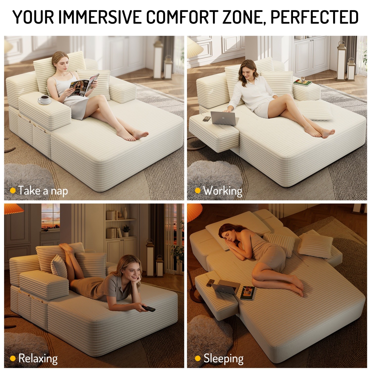 Modern Plush Corduroy Sofa Bed Chaise Lounge No Assembly Required with 3 Pillows