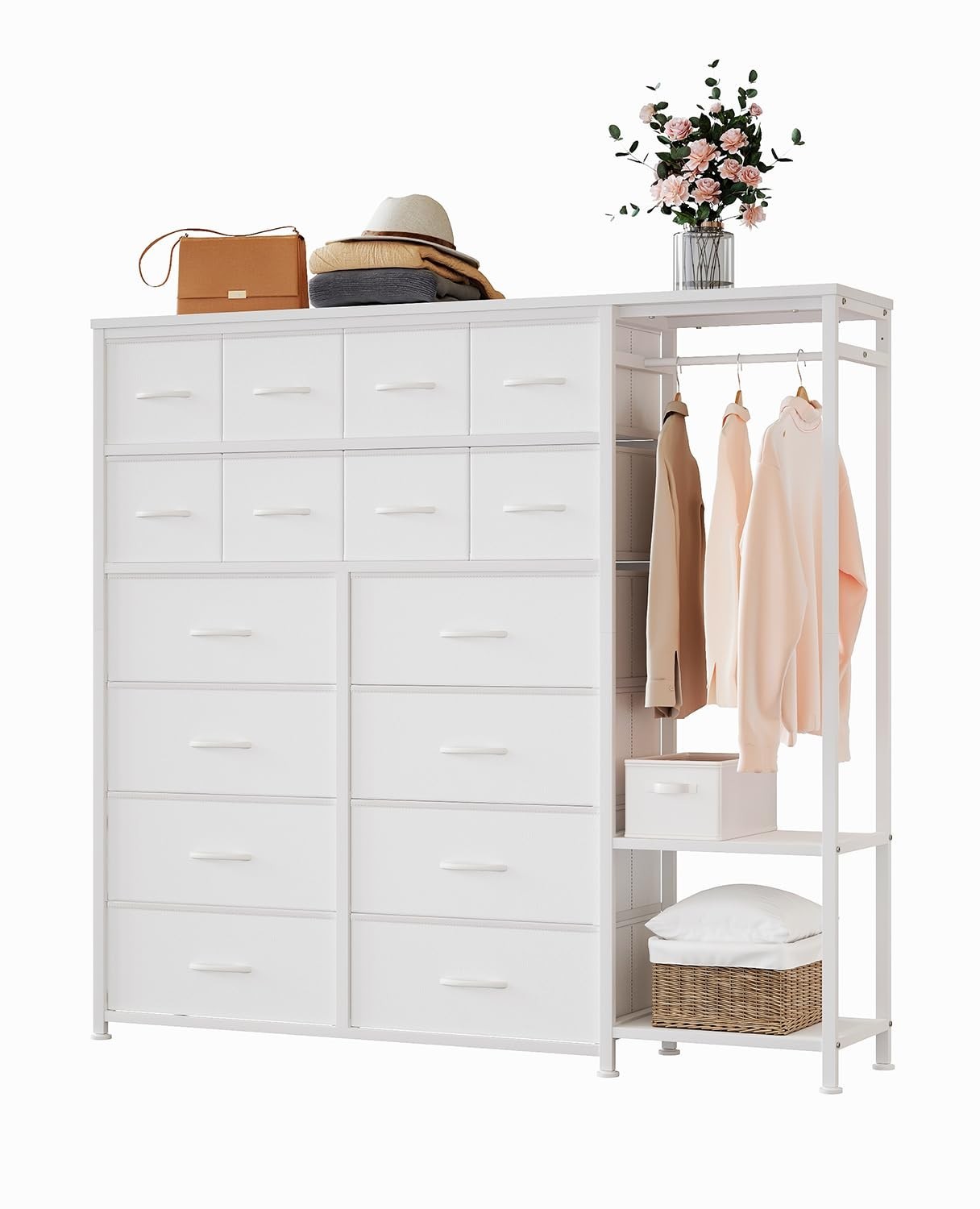 16-Drawer Fabric Dresser Fabric Storage Organizer w/Hanging Rod & Open Shelves