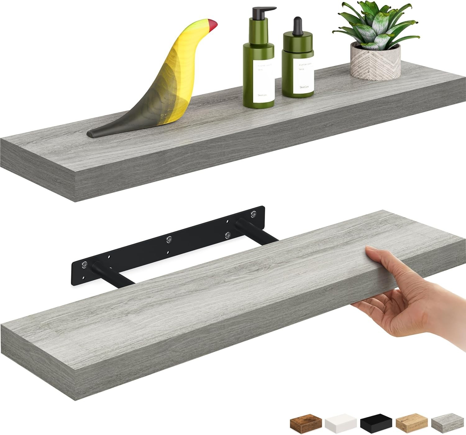 24in Floating Wall Shelves Set of 2 Rustic Gray Wood 6in Deep