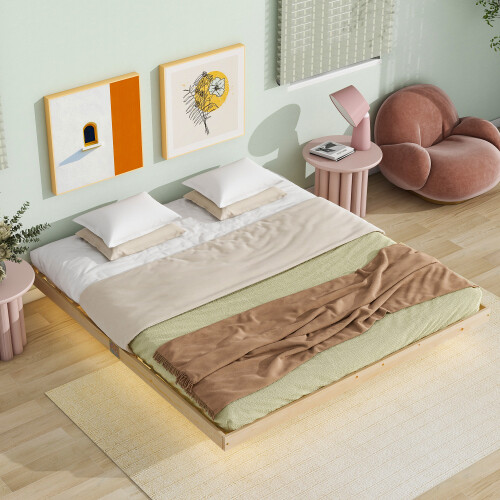 Full Queen King Floating Bed Frames with LED Lights No Headboard Kids Bed Frames