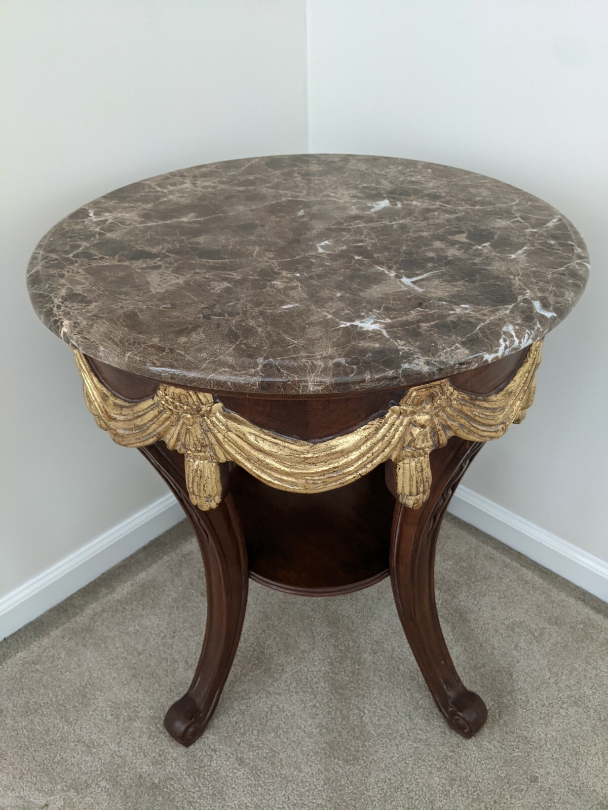 French Oak Neoclassical 4-Leg Gueridon Table w/Marble Top & Gold Gilt Drapery