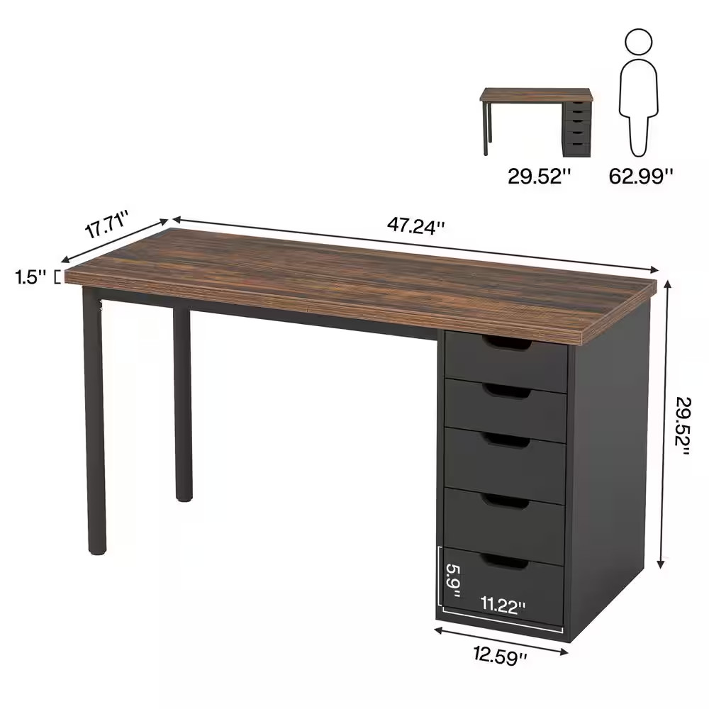 Moronia 47.24 In. Black Computer Desk with 5-Drawers, Home Office Desk with Stor
