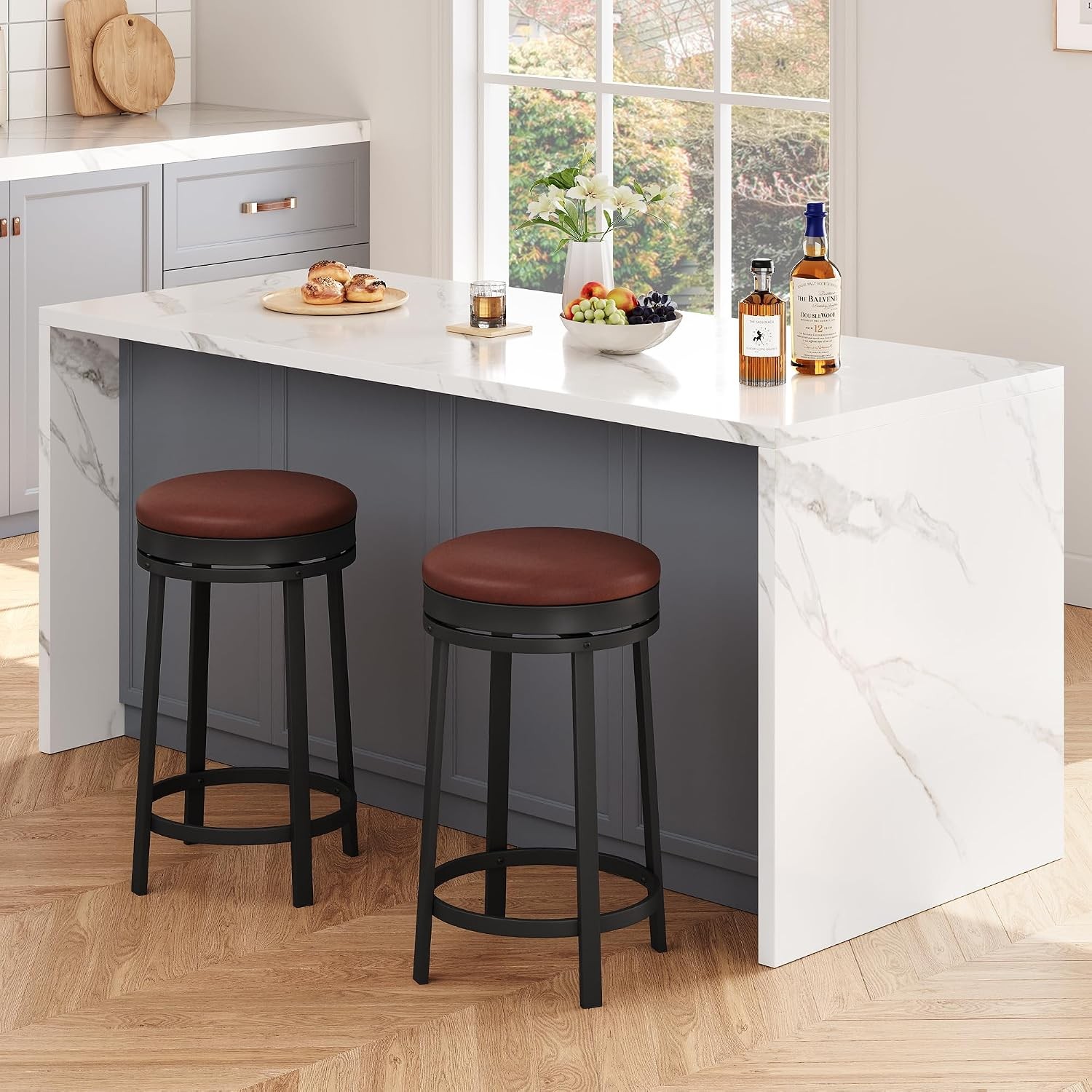 24.4” Backless Round Swivel Bar Stools Set Counter Height Footrest Kitchen