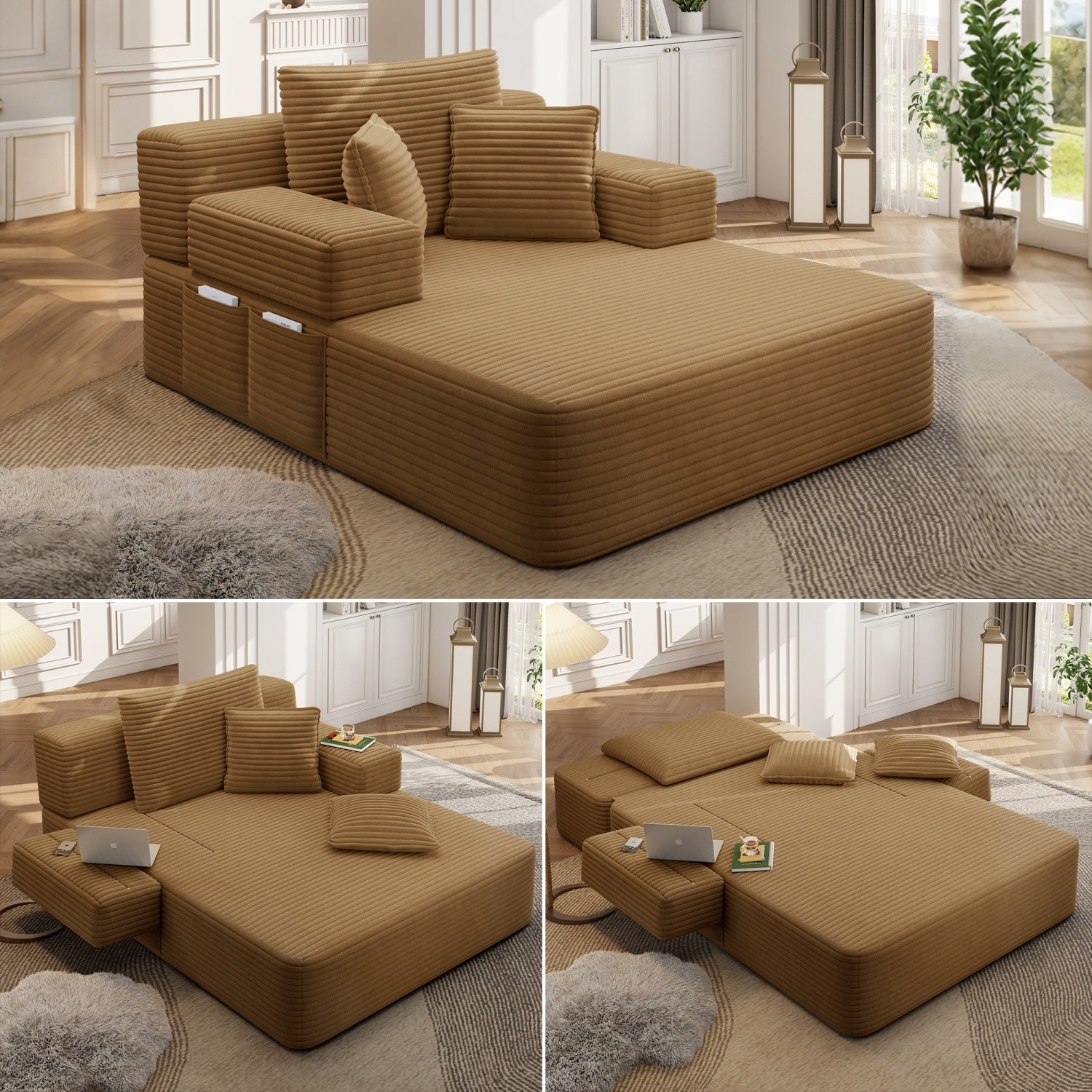Modern Plush Corduroy Sofa Bed Chaise Lounge No Assembly Required with 3 Pillows
