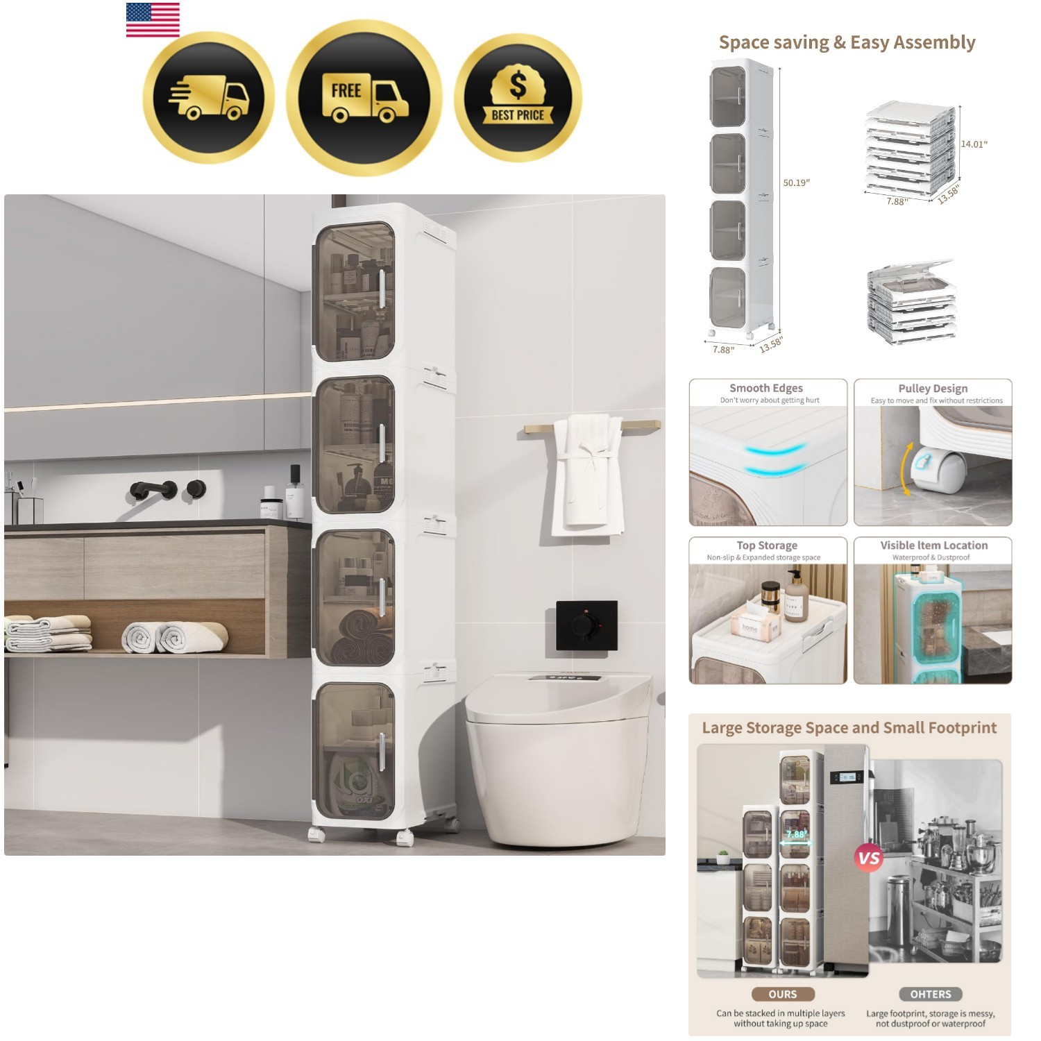 Bathroom Storage Cabinet Slim Foldable Movable White Space Saver Wire Shelves