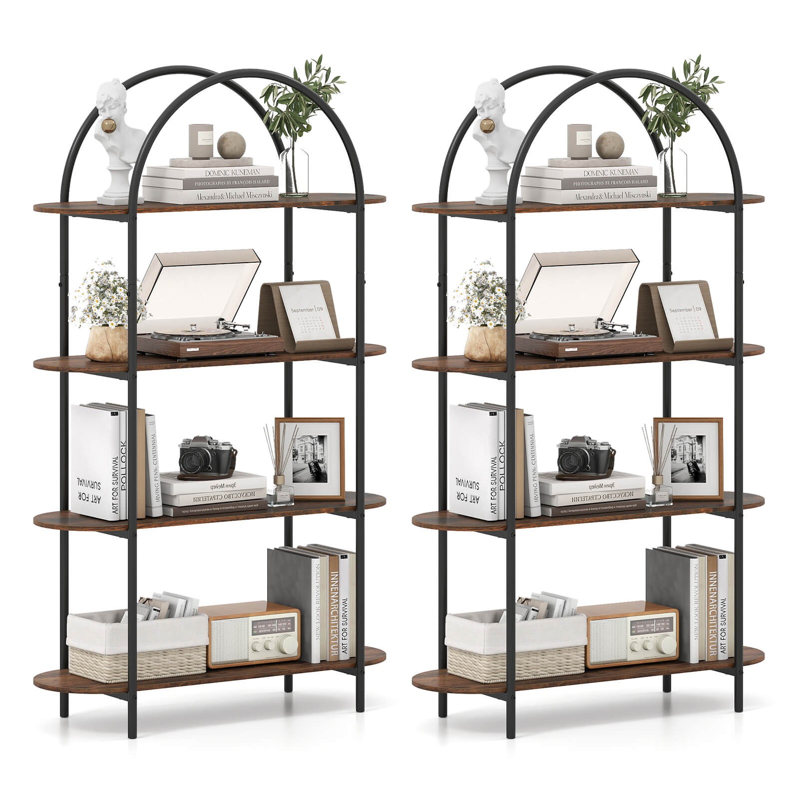 2PCS Arched Bookshelf, 4-Tier Open Bookcase w/Sturdy Metal Frame for Living Room