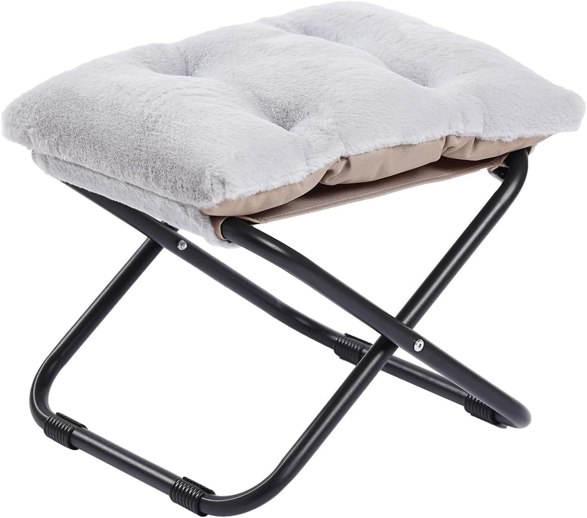 Folding Upholstered Footrest Stool W/ Straight & Square Shape Beige