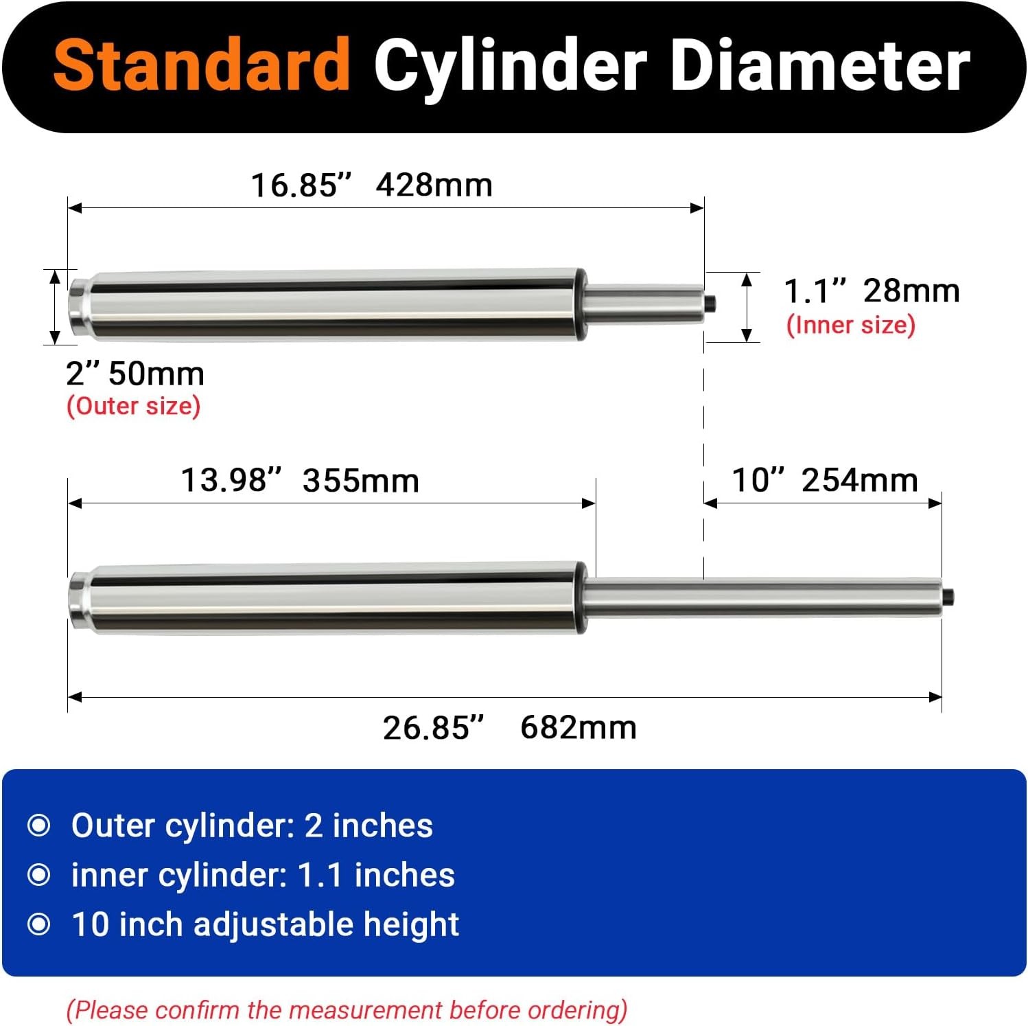 17 Inches-27 Inches Extra Long Gas Lift Cylinder Tube for Bar Stool – 10”