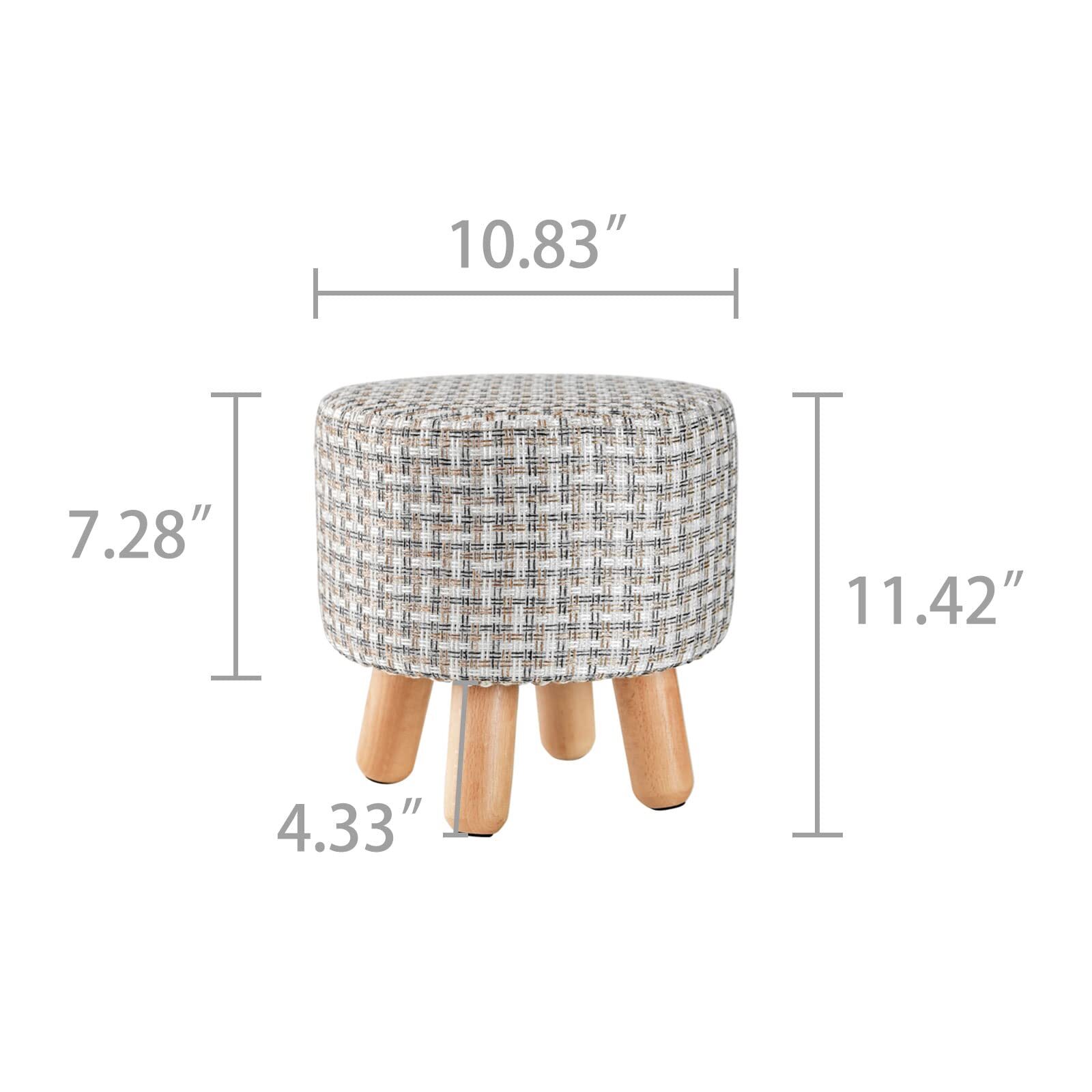 Tricolor Stripe Linen Fabric Round Padded Ottoman Foot Rest Stool with Wood Legs