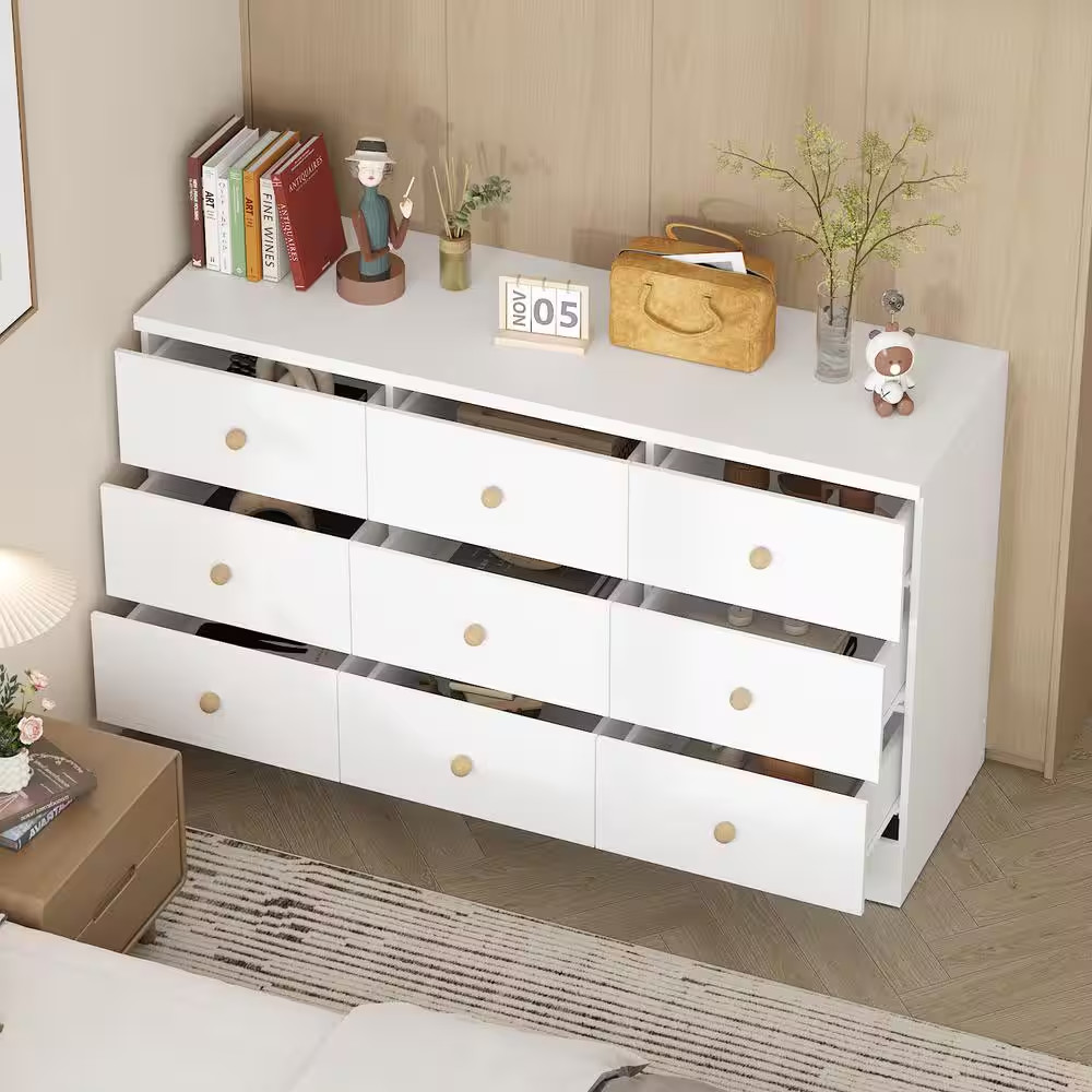 White 9 Drawers 47.2 In. W Wooden Chest of Drawers, Sideboard, Storage Cabinet,
