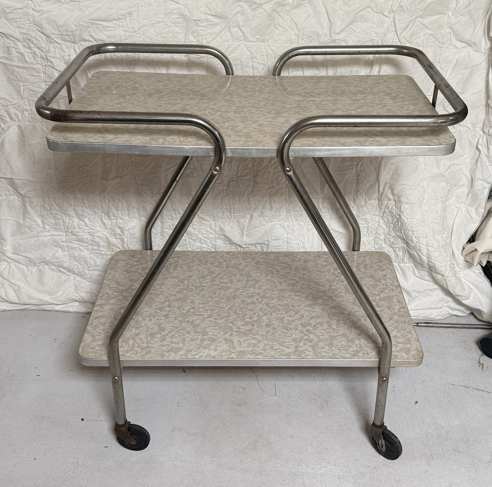 Vintage Mid Century Modern Rolling Bar Serving Cart Chrome 2-Tier Grey/White Top