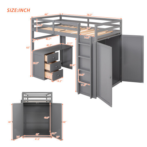 Solid Wood Loft Bed with Desk and Wardrobe Storage Cabinet Twin Size Bed Frames