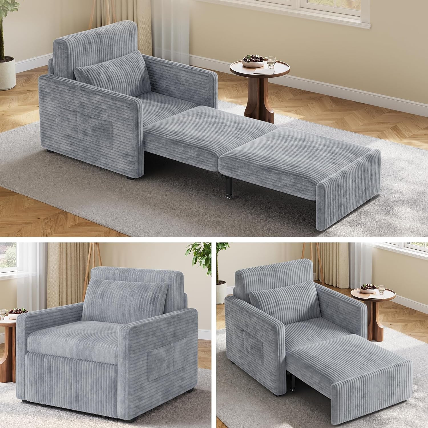 Convertible 3-in-1 Sleeper Chair Bed with Side Pockets – Gray, 75.2″ Long