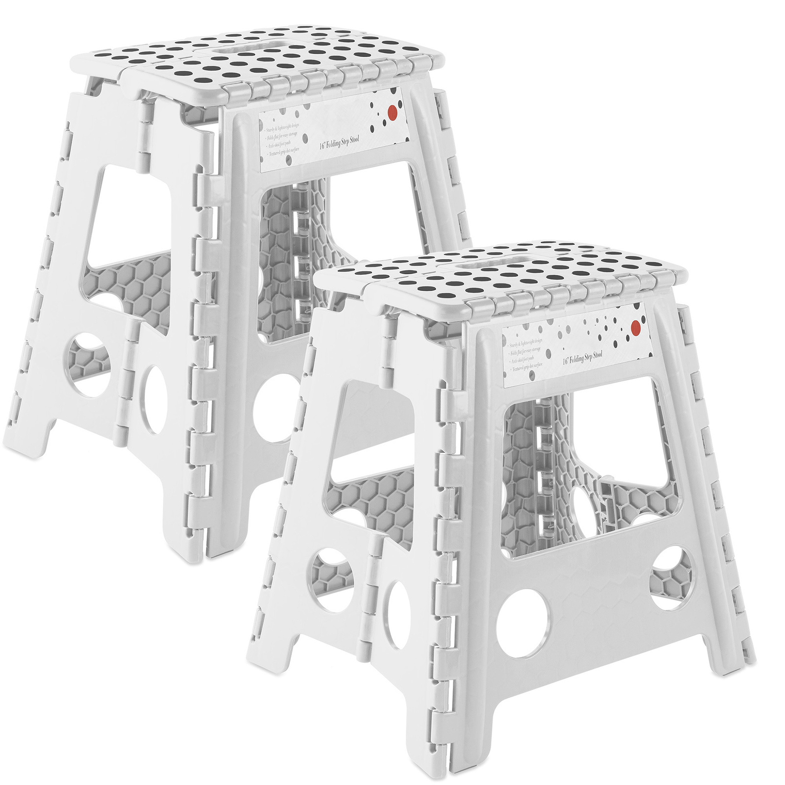 2 Pack – 16″ Folding Plastic Step Foot Stools with Handle – White
