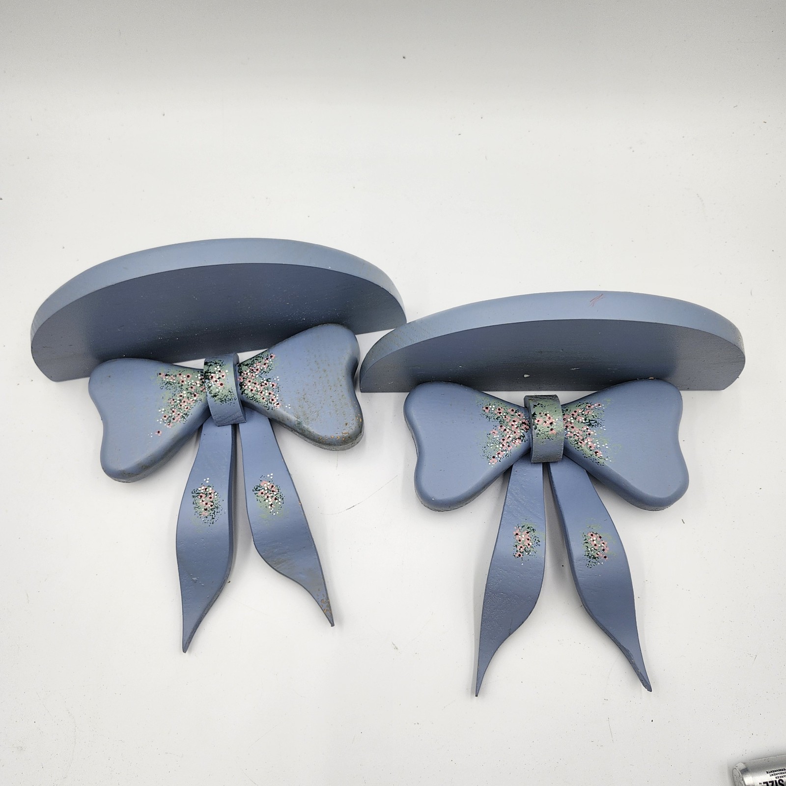 2 blue Vintage Bow Wall Shelf cottagecore hand painted flowers sconce shelves