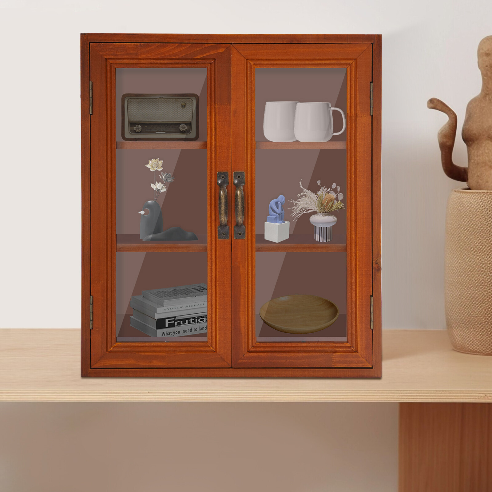 Stylish 3-Tier Wood Storage Cabinet with Double Doors in Brown